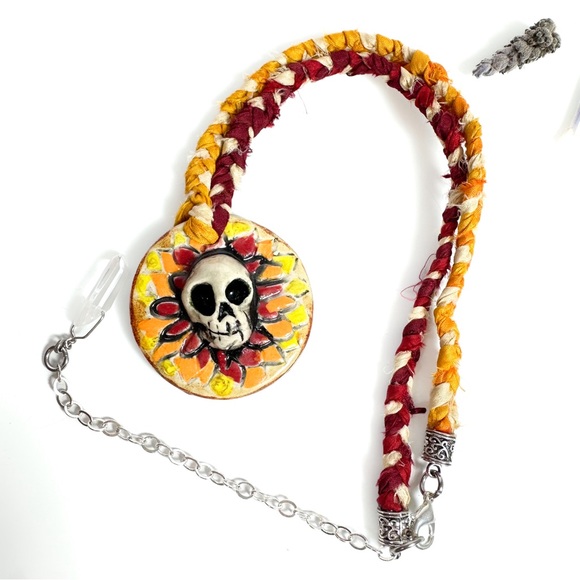 Sculpted Ceramic Skull Necklace with Recycled Silk and Crystal Adjustable Length - Picture 3 of 11